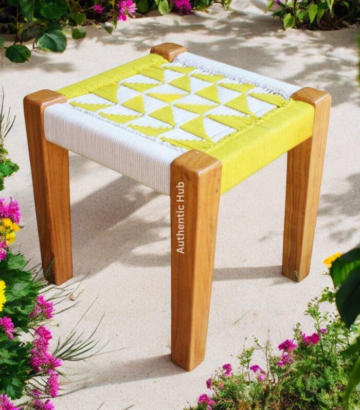 Yellow-White Traditional Pidha Wooden Stool:Handmade Jute chowki, Wooden Chowki-A Touch of Ethnic Indian Furniture