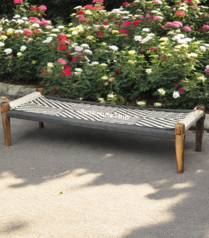 Charpai Khatiya:Handmade Daybed, Offwhite and Grey Garden Bench,Indian Furniture,Rope Bed Excellence- Authentichub