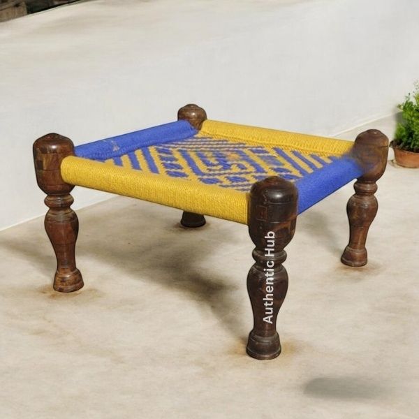 Handmade Wooden Chowki:Traditional Indian Pidha Jute Furniture in Yellow and Blue-Authentic Wooden Stool Masterpiece