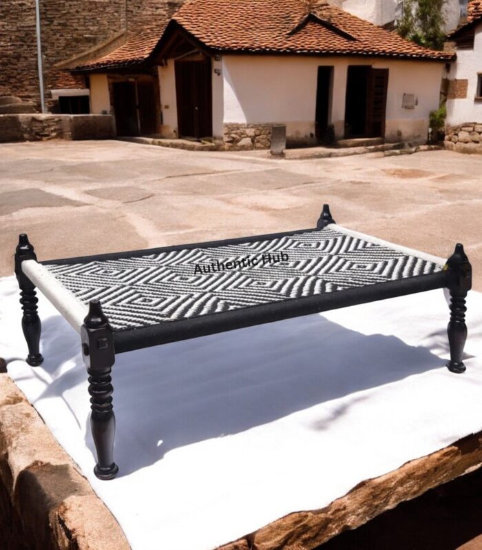Charpai Khatiya:Handmade Daybed,Black n white Garden Bench,Indian Furniture,Rope Bed Excellence- Authentic hub