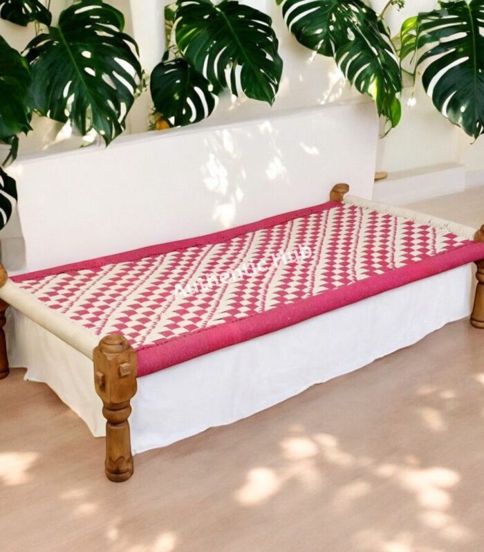 Charpai Khatiya:Handmade Daybed, Pink And white Garden Bench,Indian Furniture,Rope Bed Excellence- Authentichub
