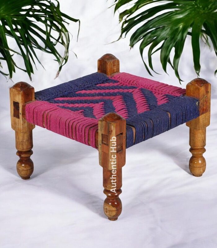Chowki: Blue- Pink Knitted Jute Pidha,Wooden Stool,jute chowki-Antique Stool and Indian Furniture